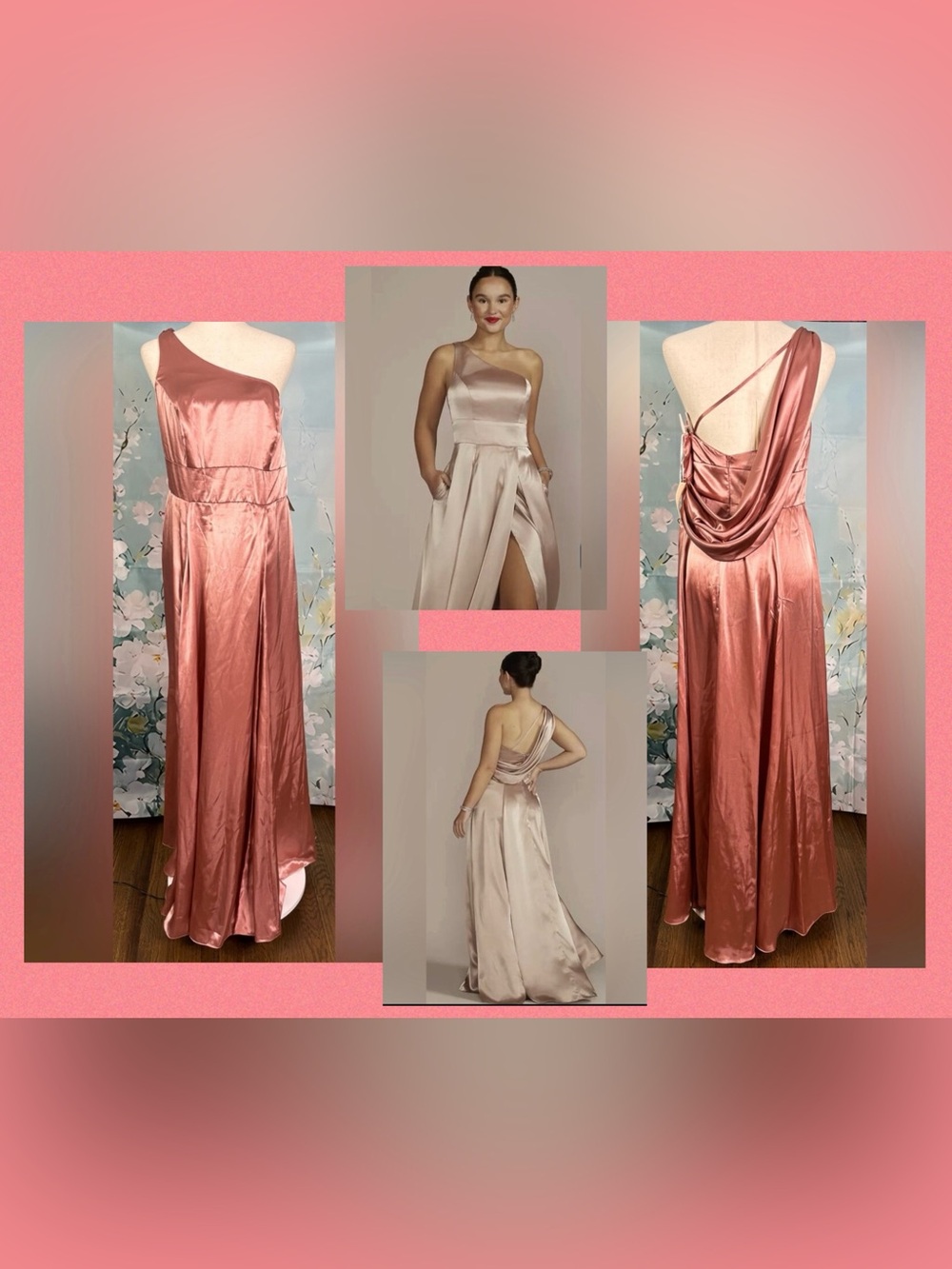NWT Galina Signature One Shoulder Draped Back Gown Desert Rose Satin 16